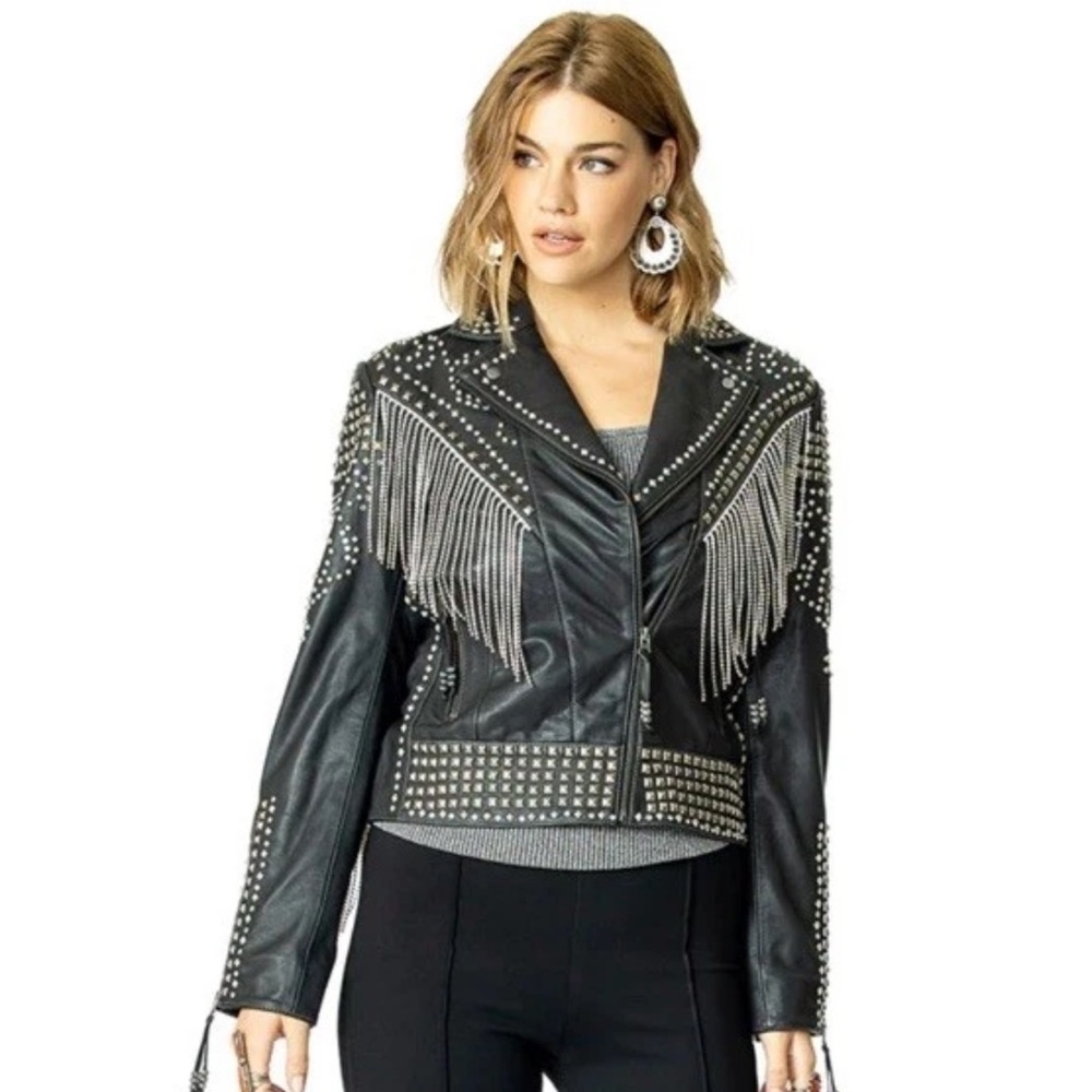 Double D Ranch Rhinestone Fringe Cowboy Leather Jacket beaded crystal RTL 1395 - Picture 2 of 14
